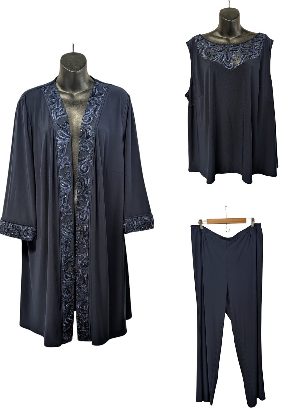 Le Bos Navy Blue 22W 3 Piece Pant Set NWOT Sequin Embroidered Jacket Top Pants